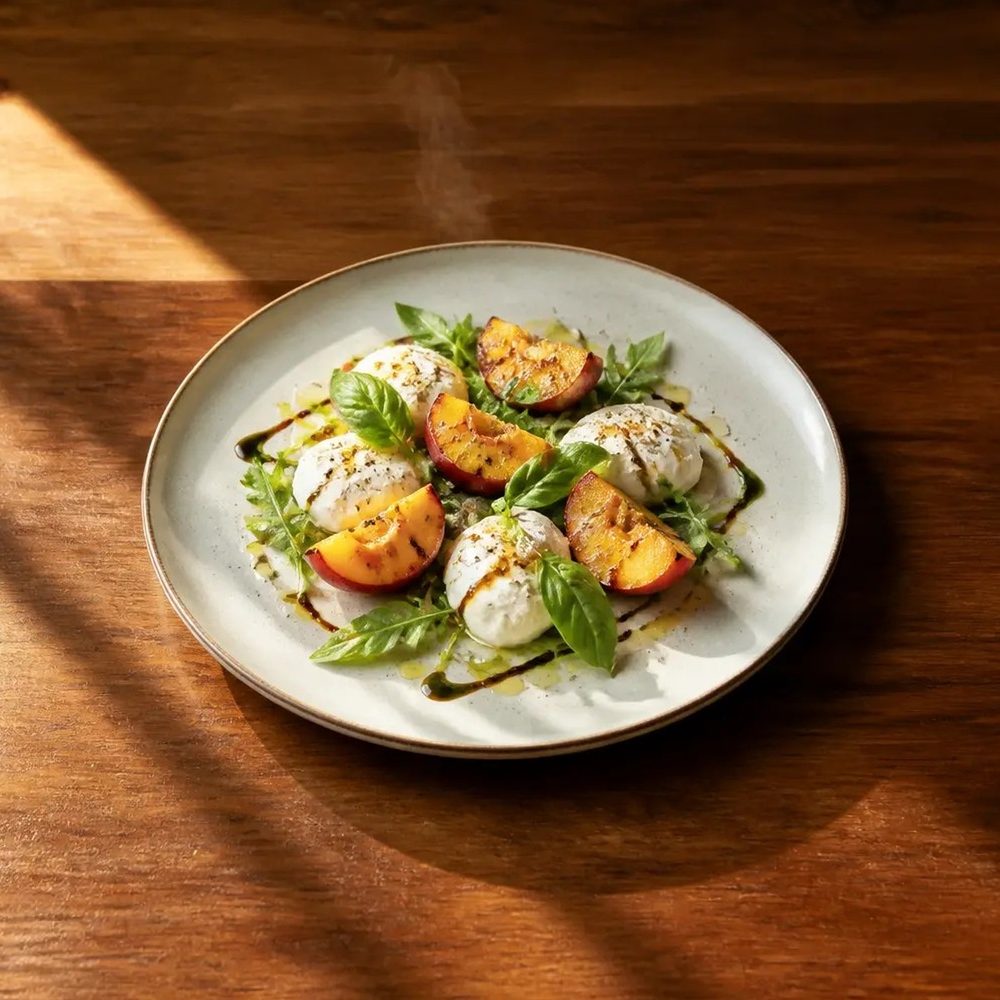 Grilled peach and burrata salad, a recipe written by Sapri Table